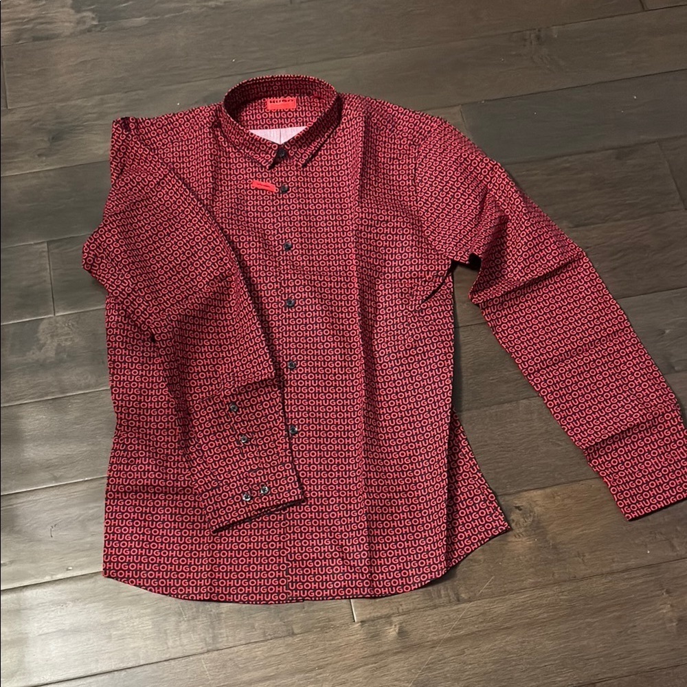Hugo Boss Men’s Red Patterned Long-Sleeve Shirt